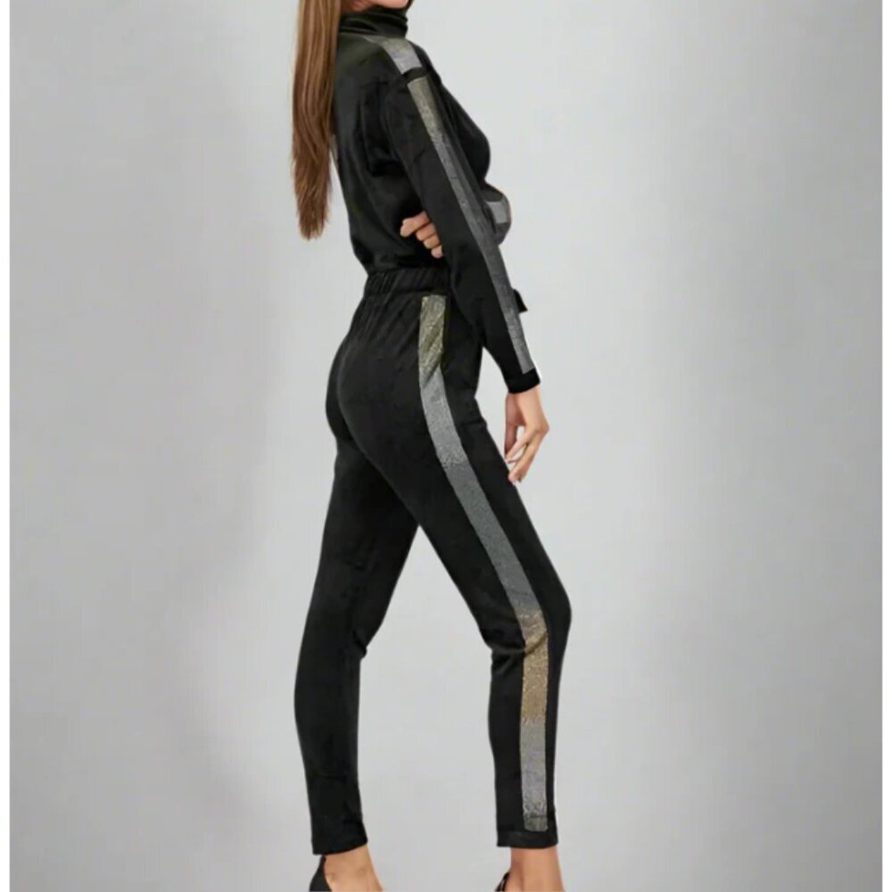 Juicy Couture Black Velour Jumpsuit Beaded Ombre Stripe Y2K Large